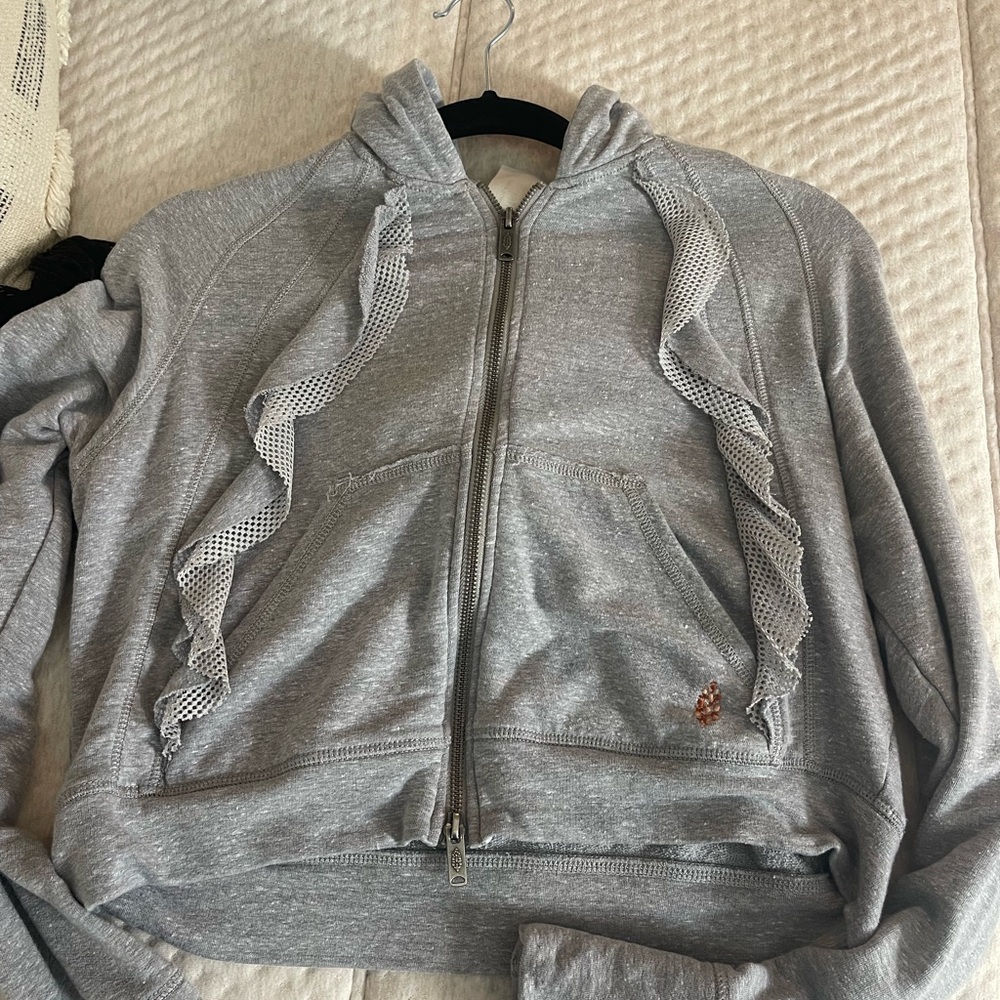 Free people Gray Zip-Up Hoodie with Ruffle Detail